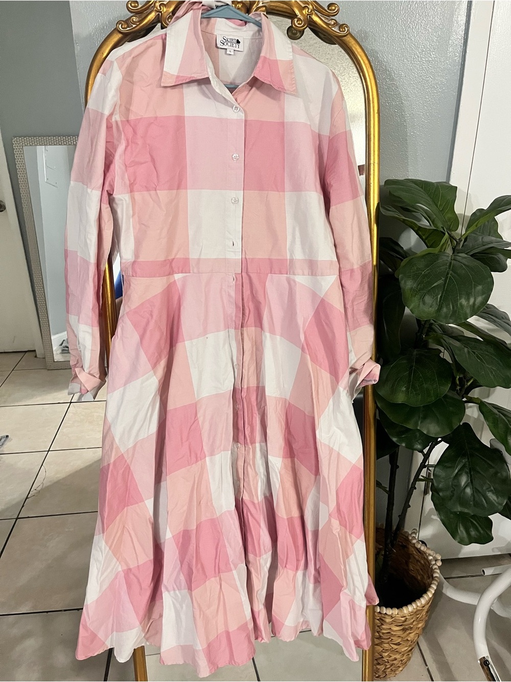 Society Pink and Cream Checked Button-Front Midi Shirt Dress - Picture 2 of 3